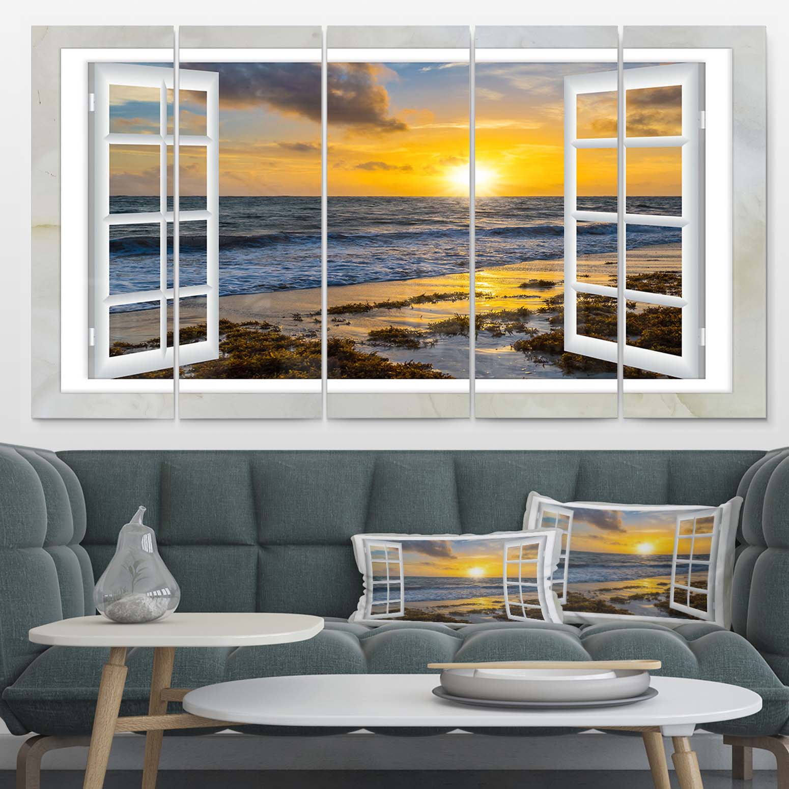 Designart 'Open Window to Bright Yellow Sunset ' Multipanel Modern Seascape Extra Large Metal Wall Art