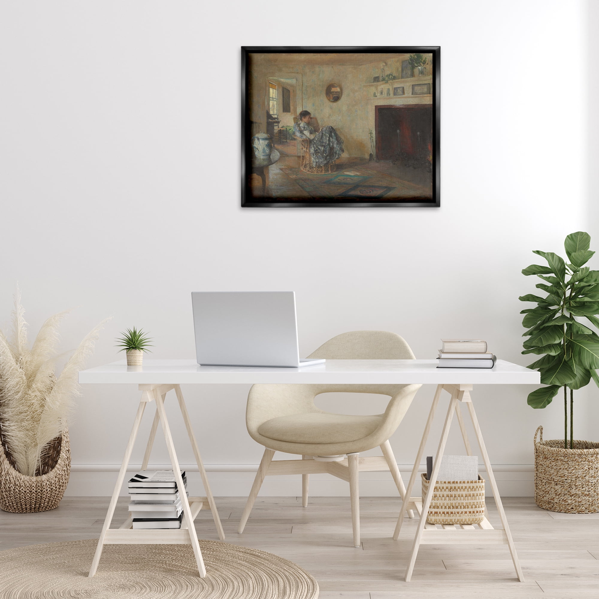 Stupell Industries Classical Rainy Day Girl People Painting Black Floater Framed Canvas Art Print Wall Art, 31 x 25