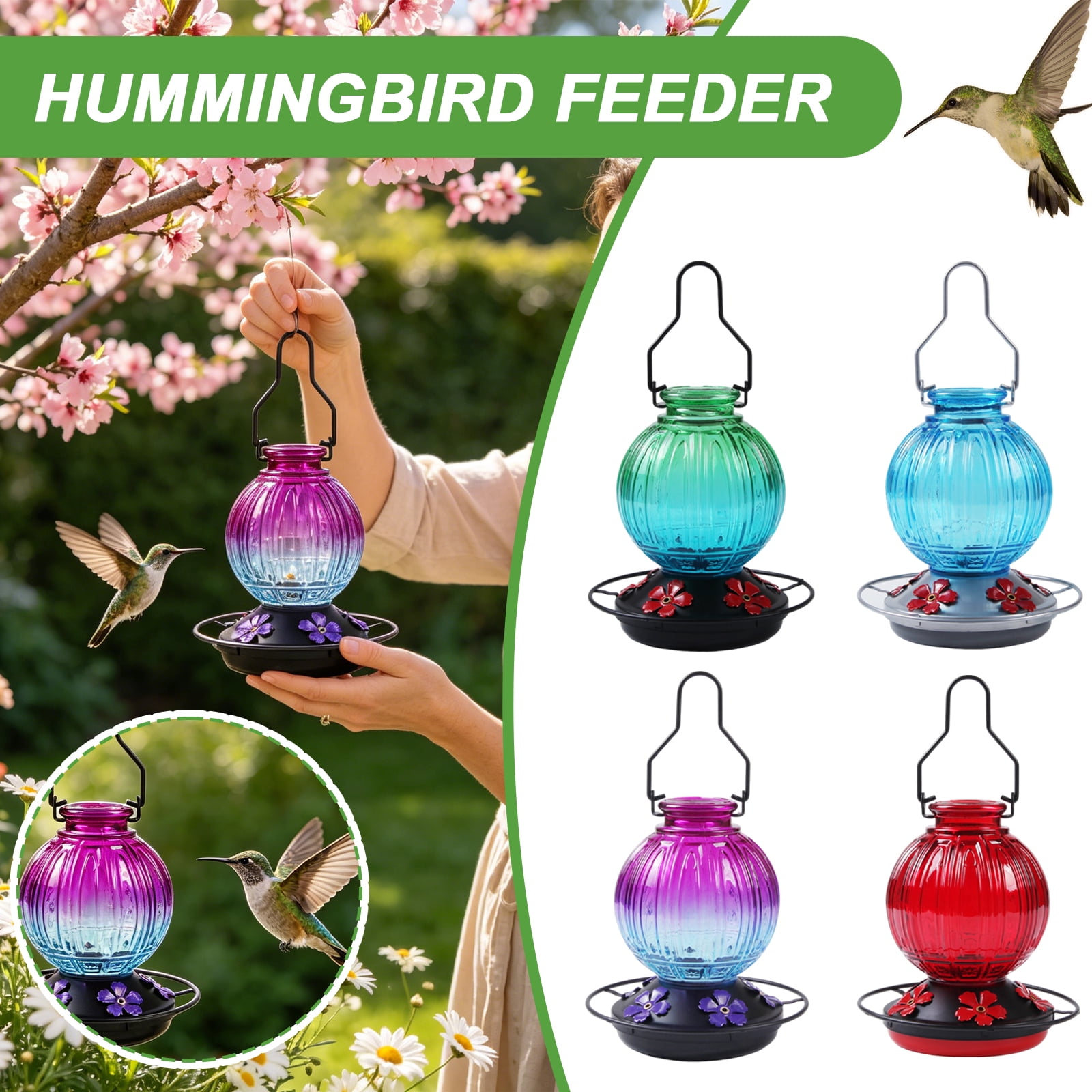 Glass Hummingbird Feeder for Outdoors, Decorative Hanging Hummingbird Nectar Feeder, Leak Proof Durable Wild Bird Feeders, Hummingbird Gifts for Women & Mom, Garden Decor Window Feeder