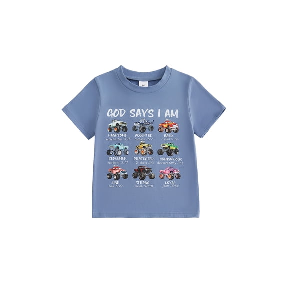 BemeyourBBs God Says I Am Toddler Baby Boy Summer Outfit Kids Baby Boy Christening Clothes Short Sleeve Vehicle Letters Print Summer T Shirt Tops Clothes