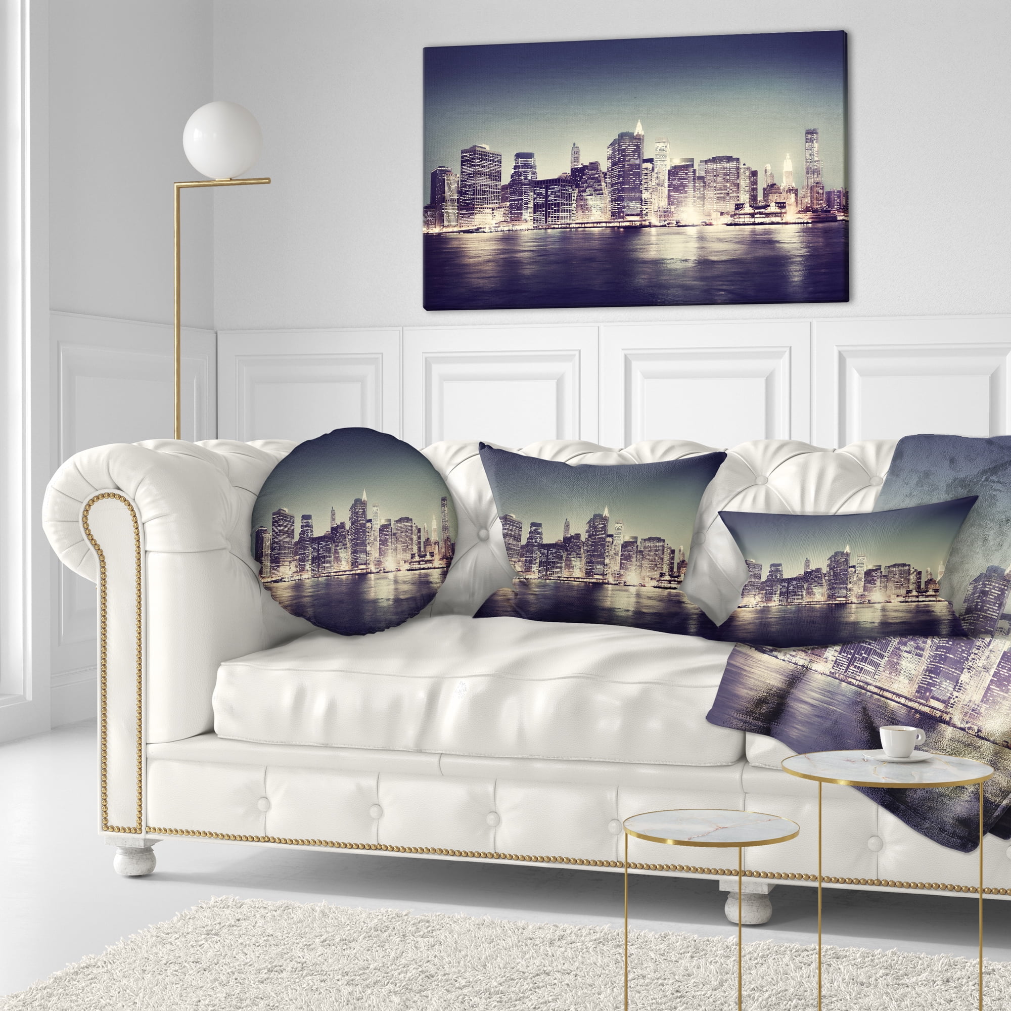 Designart Black and White NYC Night Panorama - Throw Pillow - 12x20