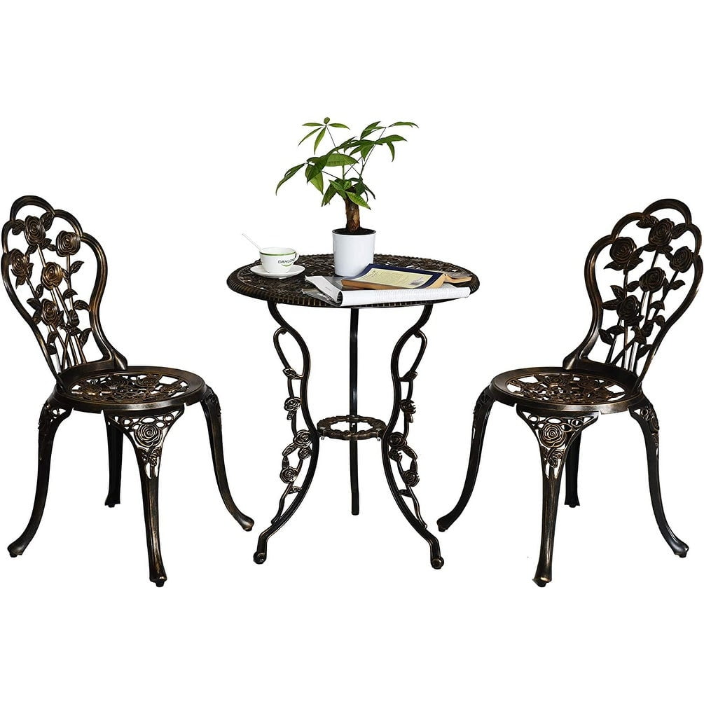 Patio Cast Aluminum Bistro Set with Umbrella Hole 3pcsDarkBronze