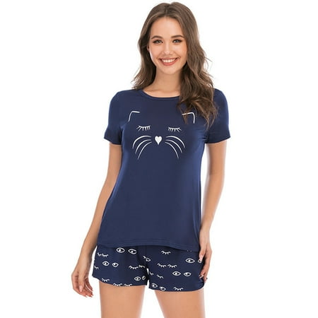 

Clearance Newway Women Sleepwear Sets Retro Pajama Set Cute Cartoon Print Short Sleeve Top Tee+Shorts Female Two Pieces Casual Loungewear