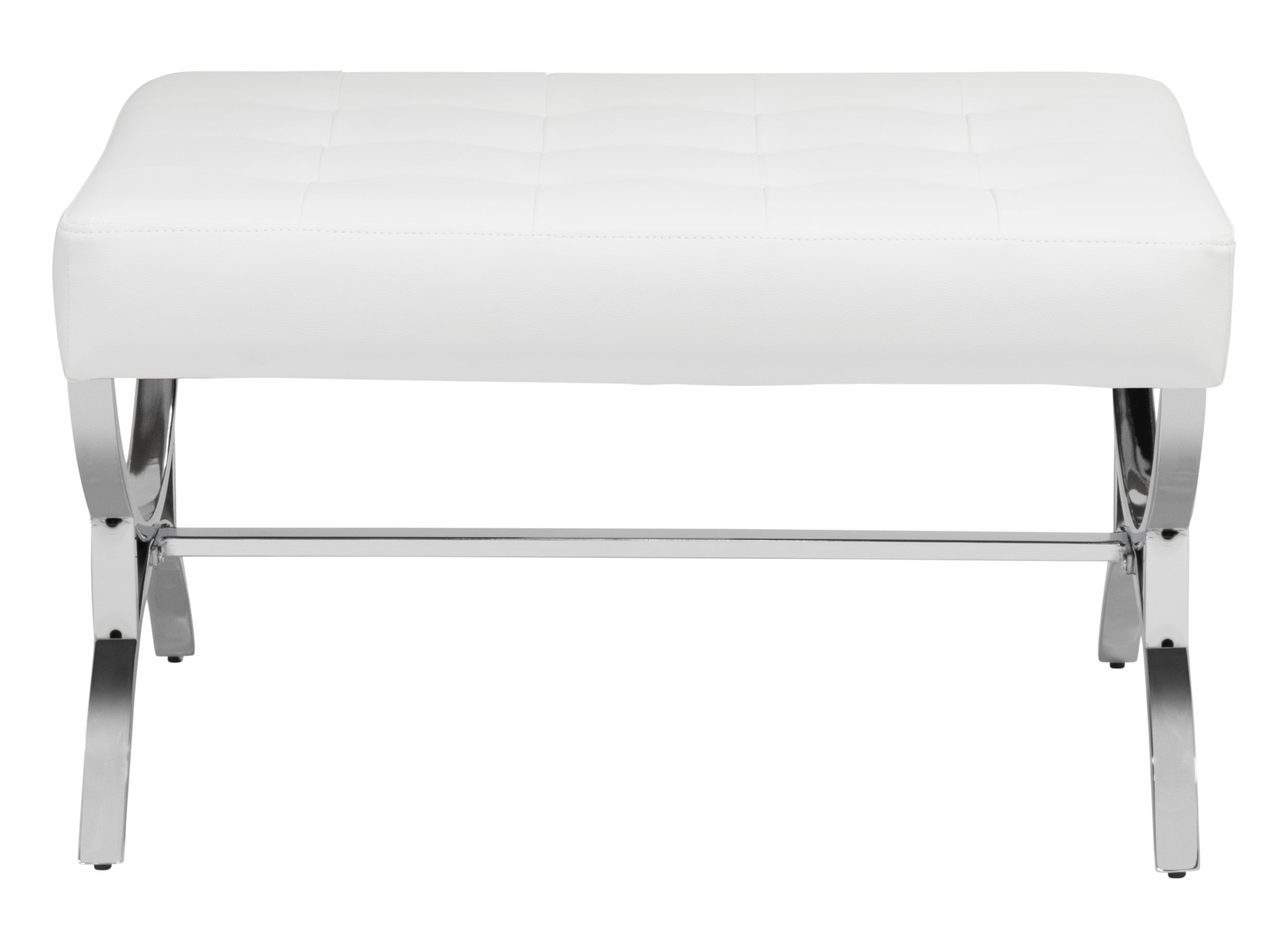Studio Designs Home Newel Modern Square Ottoman Blended Leather and Chrome Metal Frame in Chrome and White