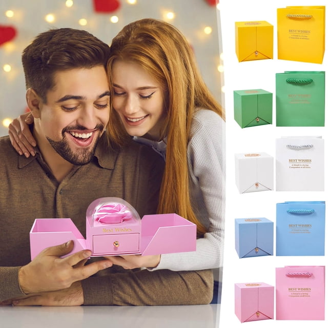 Fiudx Caja de Regalo de Rosas para San Valentín, Diseño de Doble Apertura, Decoración de Flor de Jabón Eterna, Joyero para Anillos y Collares, Idea de Regalo Romántica, Tamaño Compacto, Sin Accesorio