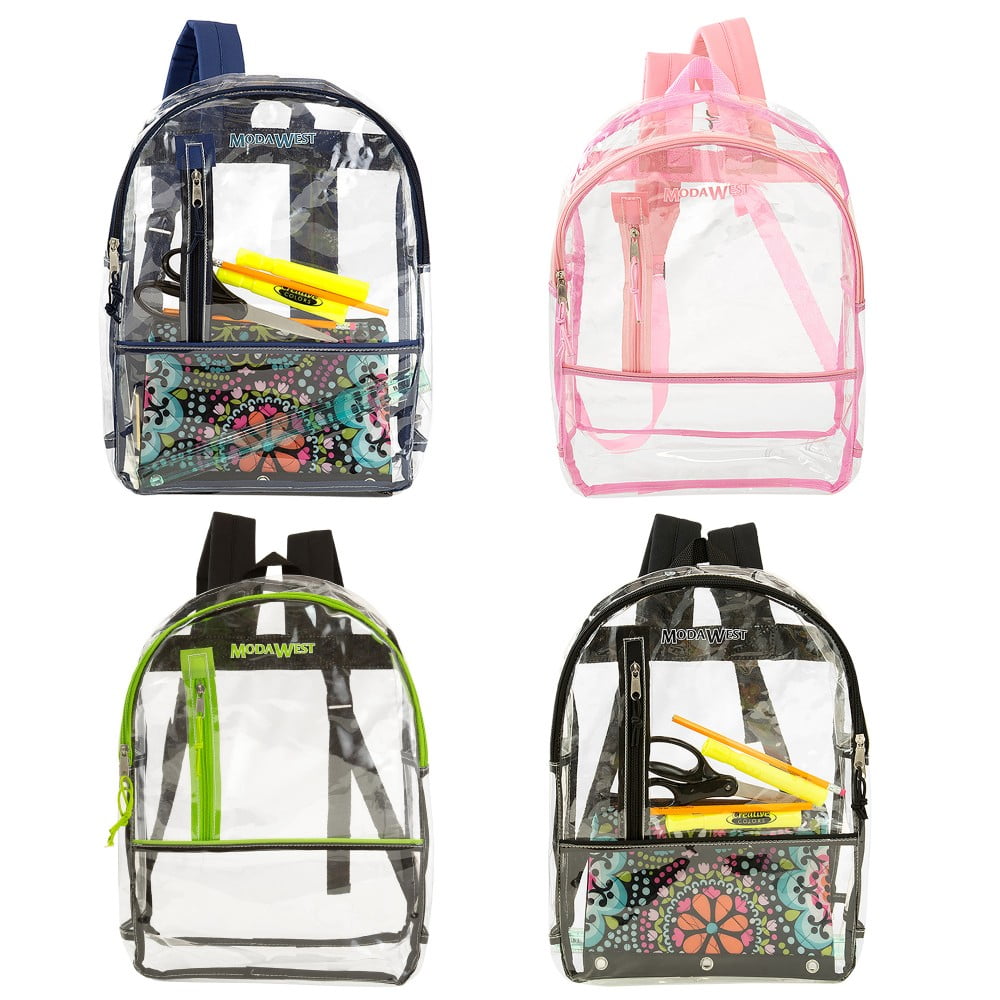 Moda West Bulk 17" Clear Backpack with 4 Assorted Trims Wholesale