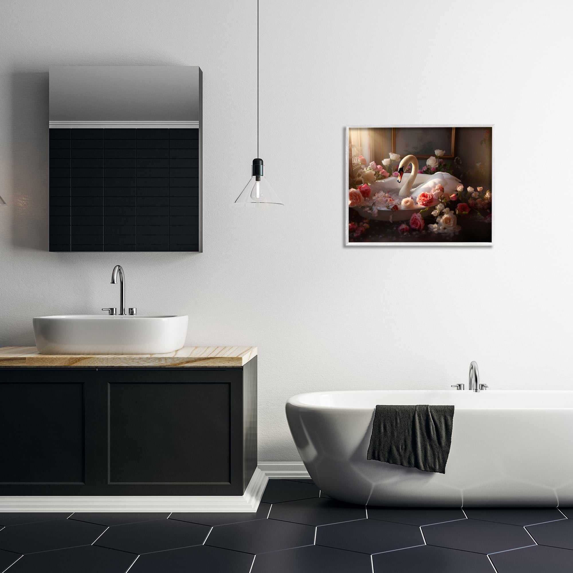 Stupell Industries Swan & Bathroom Roses Animals & Insects Painting White Framed Art Print Wall Art, 30 x 24