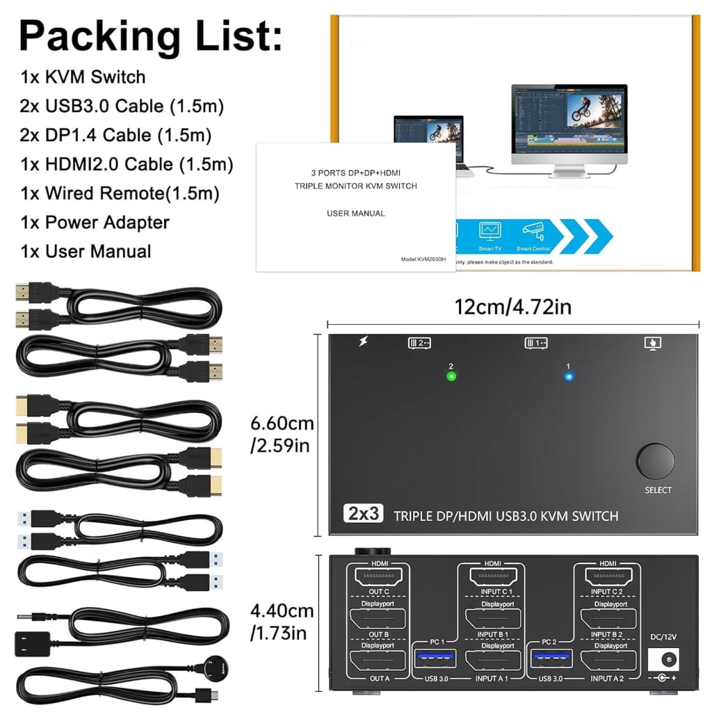 USB3.0 KVM Switchrt 8K@60Hz 4K@60Hz for 3 Monitors 2 Computers with 4 USB Port
