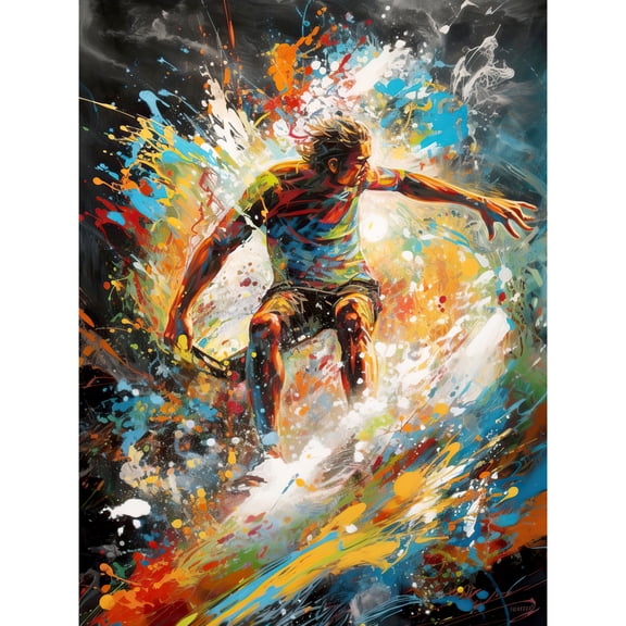 Surfer Surfing on Crashing Waves Splatter Paint Unframed Wall Art Print Poster Home Decor Premium