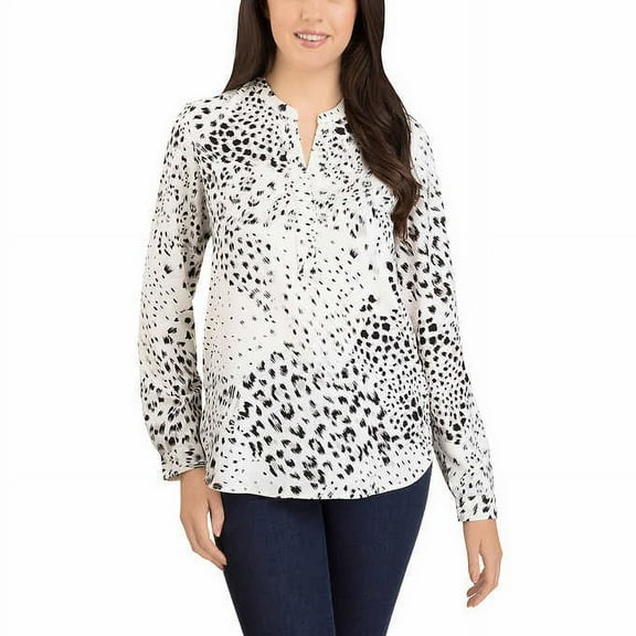 Hilary Radley Women Roll Sleeve Blouse Multi (Black/White/Grey)- Small