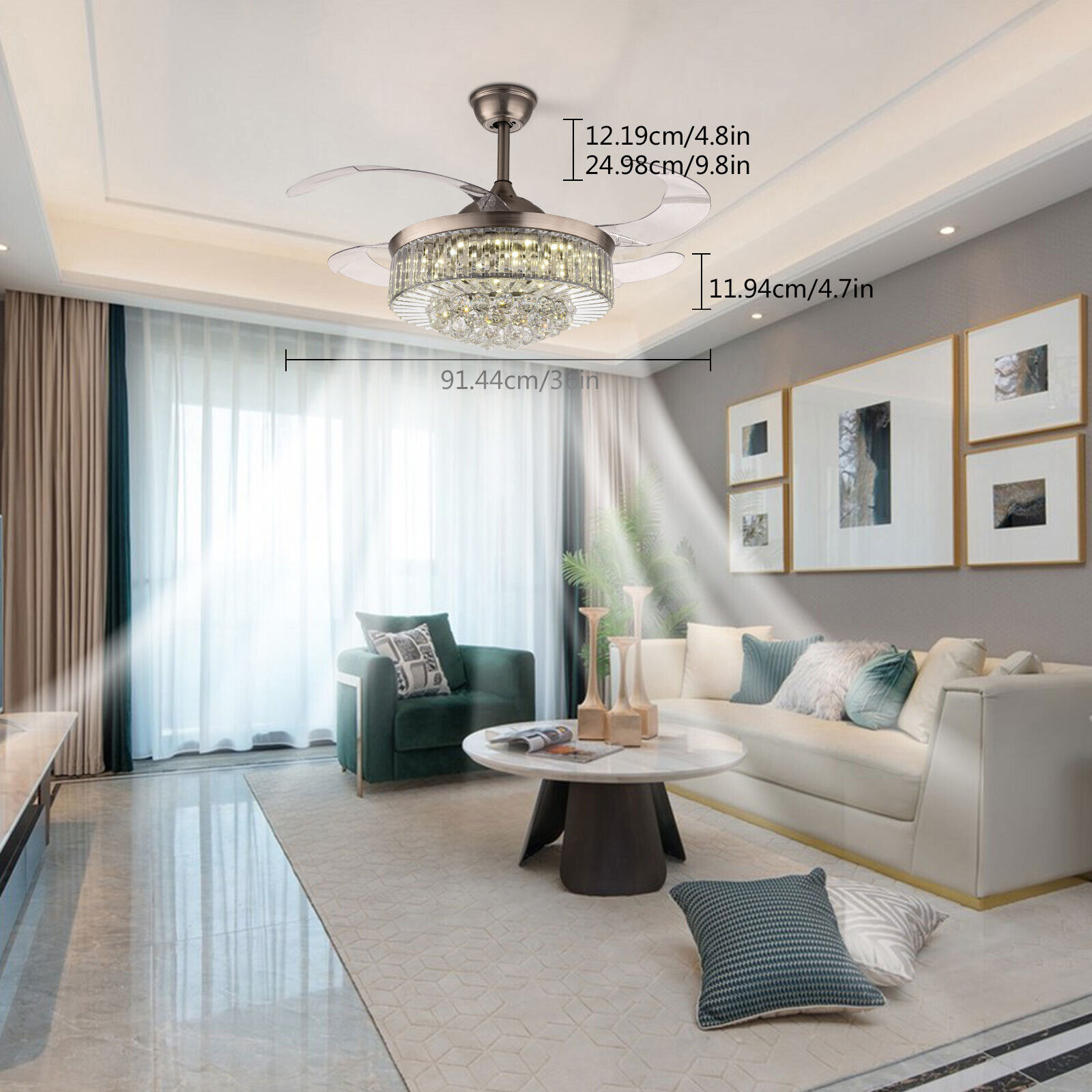 36"Modern Indoor Ceiling Fan With LED Light Crystal Ceiling light with Fan Chandelier Lamp pendent celling lighting lamp light fixture Fandelier Remote Control 3 Fan Speeds