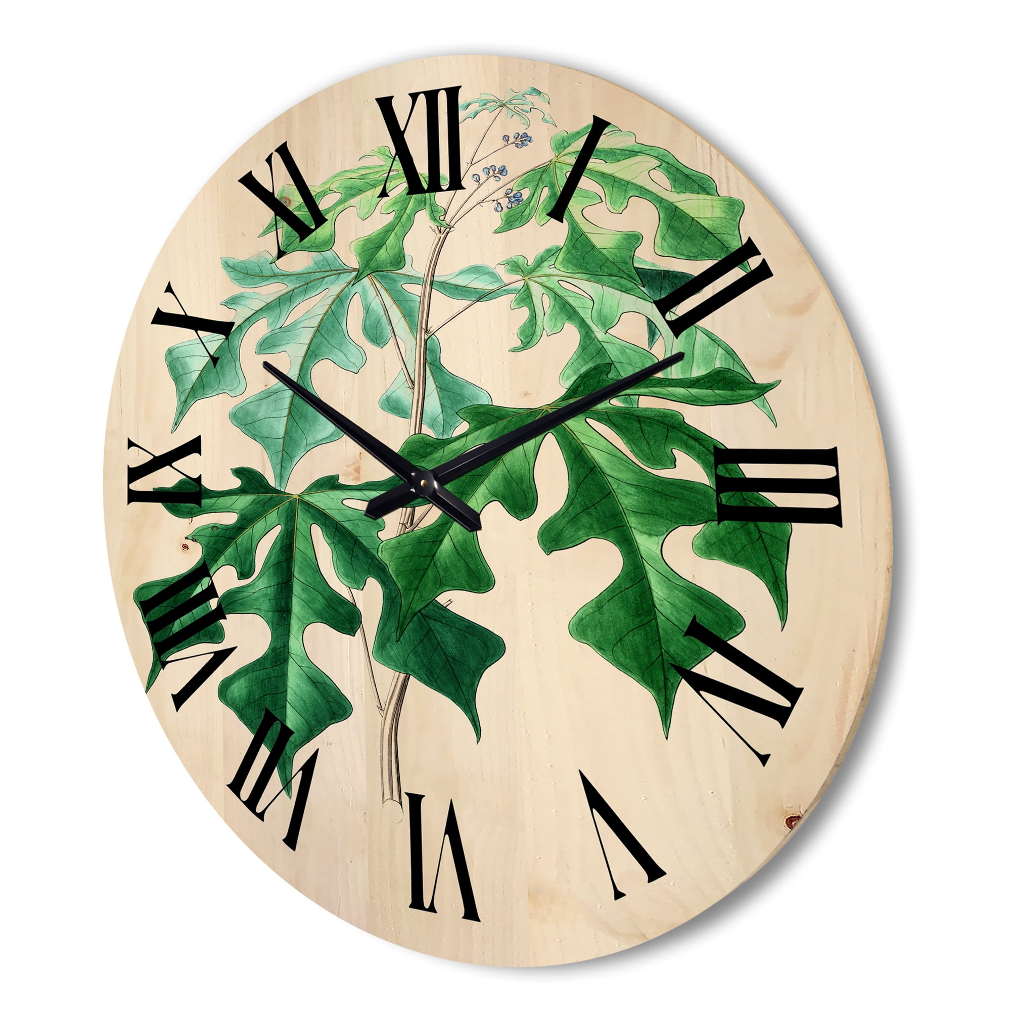 Designart 'Ancient Green Leaves Plants II' Traditional Wood Wall Clock