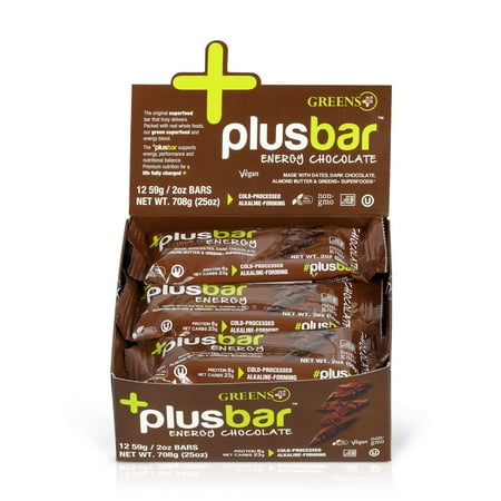 Greens Plus Plusbar Dark Chocolate Protein Bars, Vegan Low Carb Snacks, Meal Replacement, 12 Ct