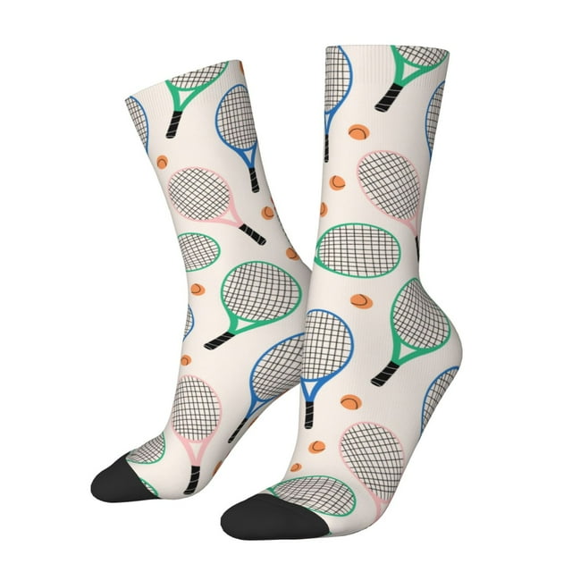 Lsque Cute Tennis Racket Printed Men's Crew Socks, Soft Durable Breathable Moisture-Wicking with Odor Control Cotton socks
