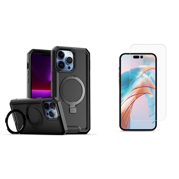 Bemz Phone Protector for iPhone 15 Plus Case with Tempered Glass Screen Protector, Slim Heavy-Duty Armor Tough Defender Wireless Charger Magnetic Kickstand Rugged Cover (Black)