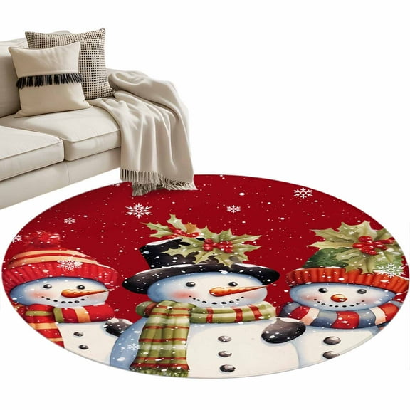 Christmas Round Area Rug 4 FT, Non Slip Indoor Outdoor Rug, Xmas Berry Winter Snowflake Snowman Red Washable Soft Circular Carpet Non-Shedding Floor Mat for Coffee Table Nursery Foyer Balcony