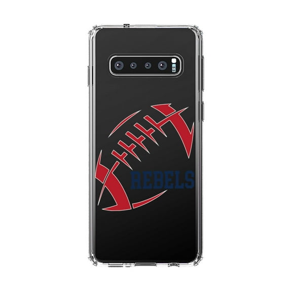 DistinctInk Clear Shockproof Hybrid Case for Samsung Galaxy S10 (6.1" Screen) - TPU Bumper, Acrylic Back, Tempered Glass Screen Protector - Rebels Football - Red, Navy