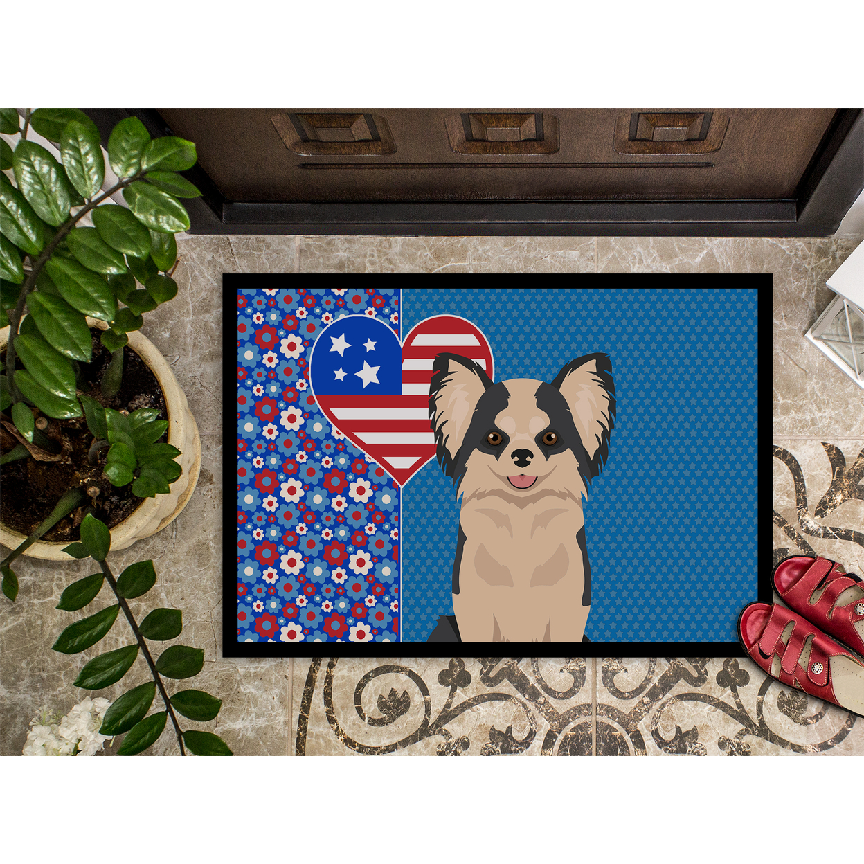 Longhaired Black and White #2 Chihuahua Indoor or Outdoor Mat 24x36 36 in x 24 in