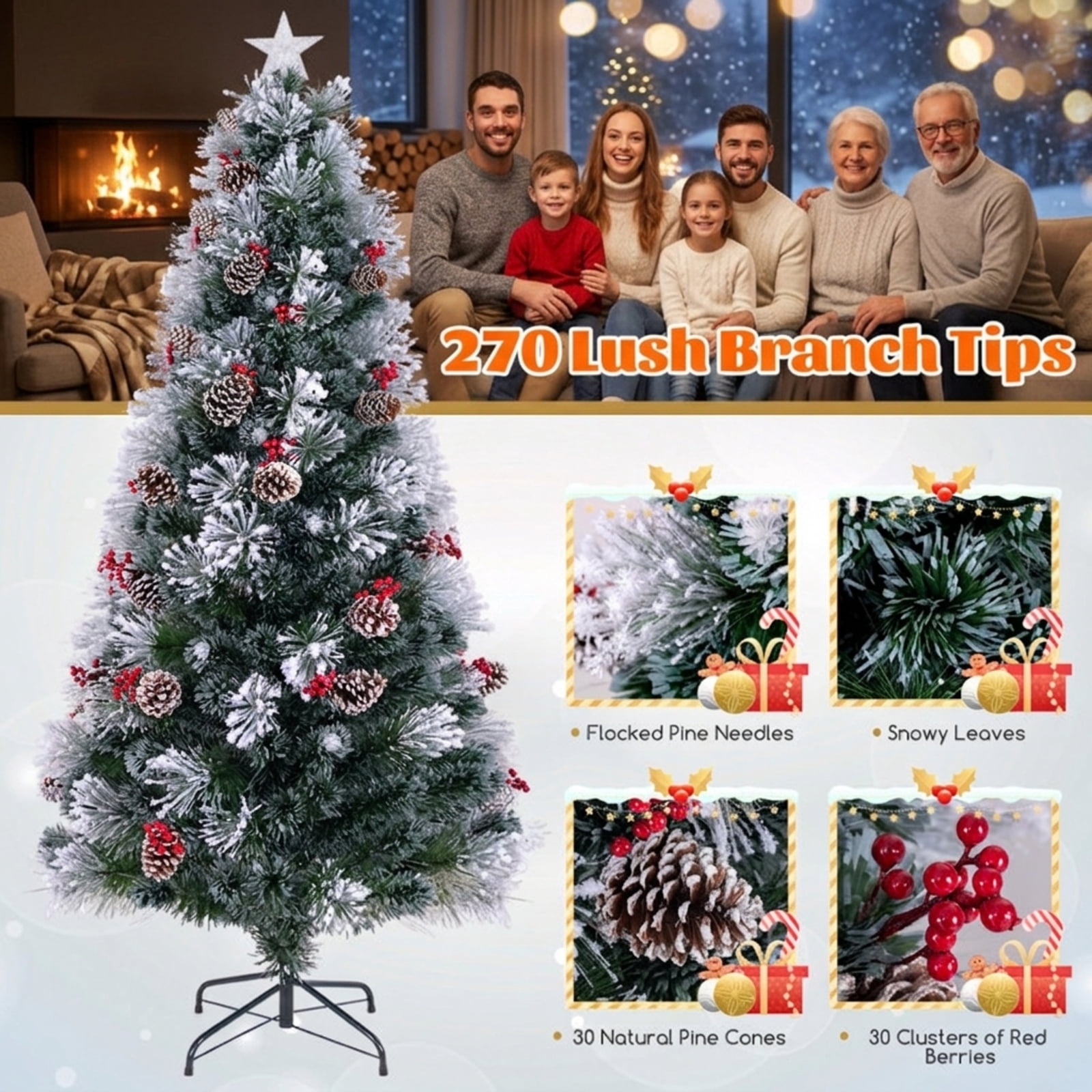 RUIE 7 ft Flocked Christmas Tree, Pre-Lit Green White Artificial Xmas Tree with 8 Lighting Modes, Pine Cones and Treetop Star Light