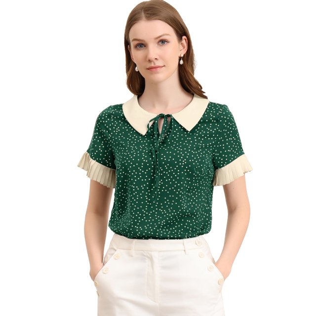 Blusa de lunares de manga corta con cuello Peter Pan en contraste vintage para mujer Verde oscuro S