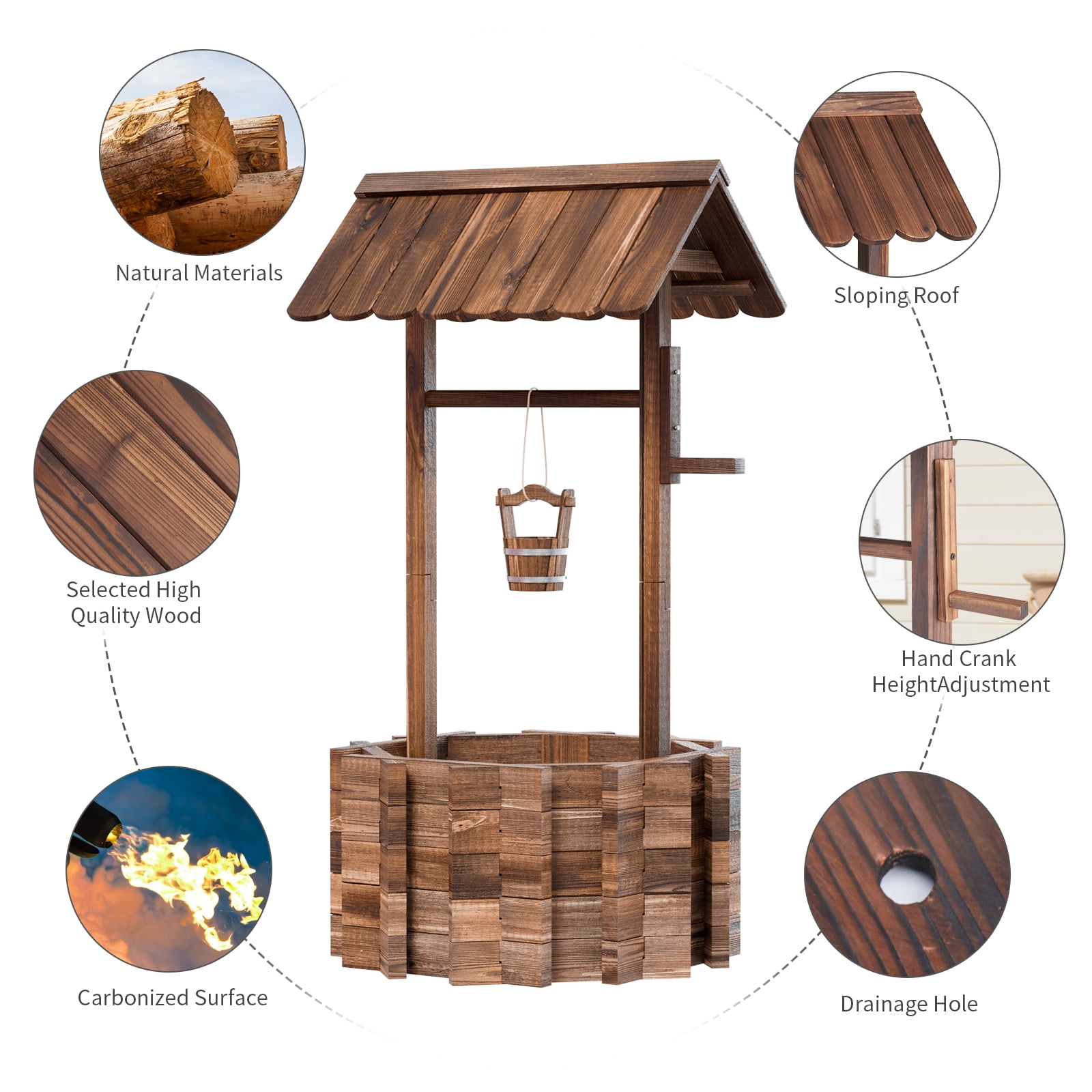 BaPiPro 25.5" Big Wishing Well Planter with Hanging Bucket for Flower and Plants, Brown, Wooden