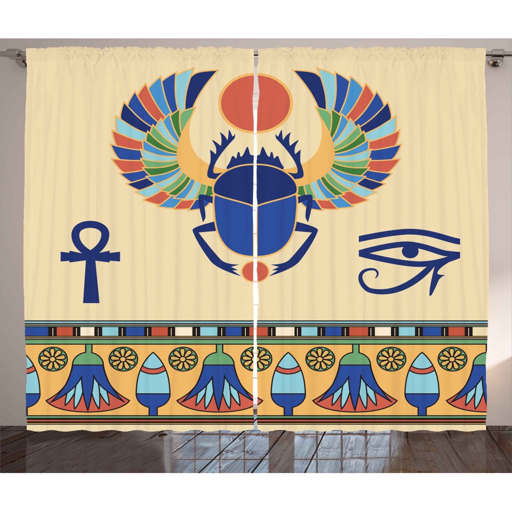 Egyptian Curtains 2 Panels Set, Ancient Antique Historical Culture Icon of Scarab Eye of Ra
