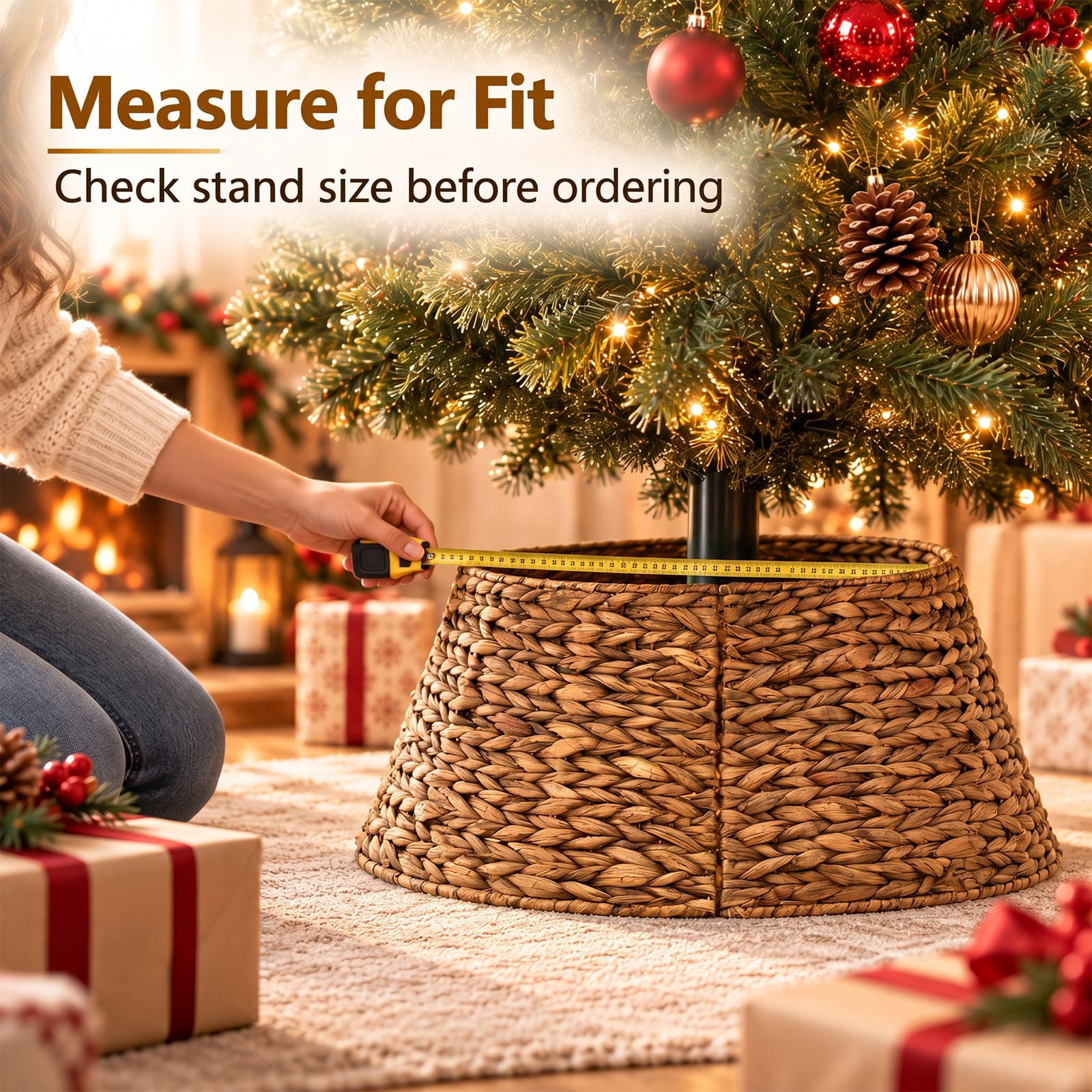 Alvantor Christmas Tree Collar, Woven Rattan Stand Cover with Cord Port, Brown 24IN