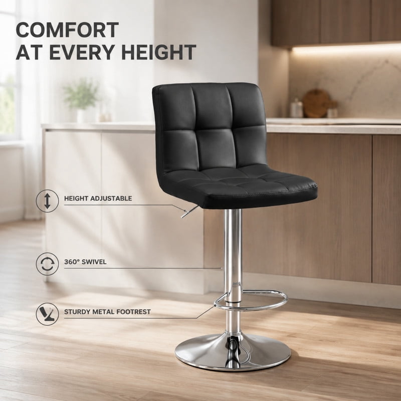 BEAUTYPEAK Adjustable Bar Stools Set of 2 PU Leather Swivel Counter Height Chairs with Backrest and Footrest, Black