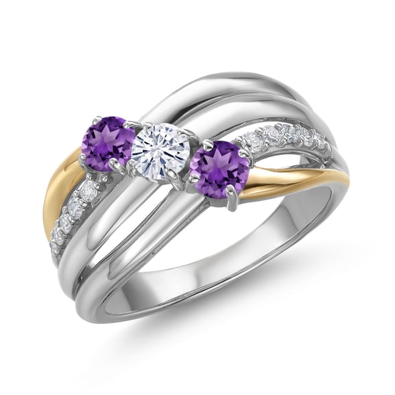 Gem Stone King 925 Silver and 10K Yellow Gold Purple Amethyst and Moissanite and Lab Grown Diamond Engagement Ring for Women | 0.88 Cttw | Round 4MM | February Birthstone | Size 7