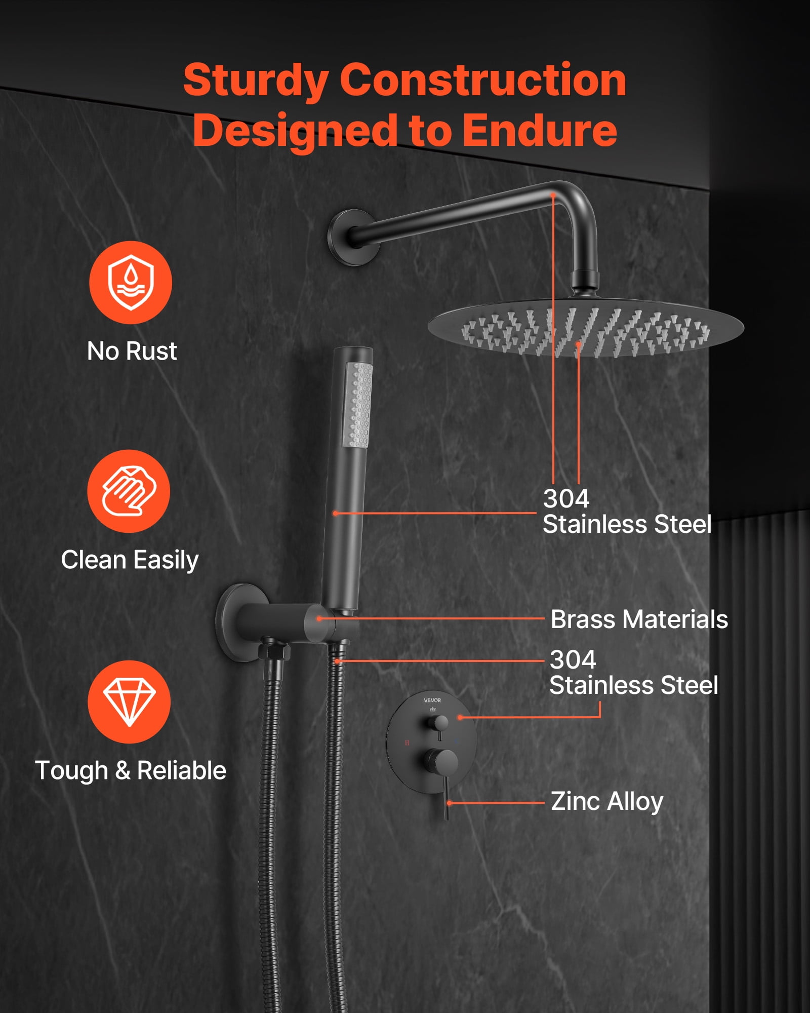 VEVOR Shower Faucet Set, Rainfall Bathroom Shower System with 8-Inch Round Rain Shower Head and Handheld Spray, Wall Mounted Bath Fixtures with Brass Valve and Trim Kit, Matte Black