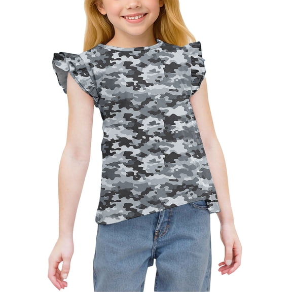 DeHolifer Girls T-Shirts Crewneck Kids Ruffle camouflage Cute Shirts Casual Summer Elegant Tee Tops for 6 Years