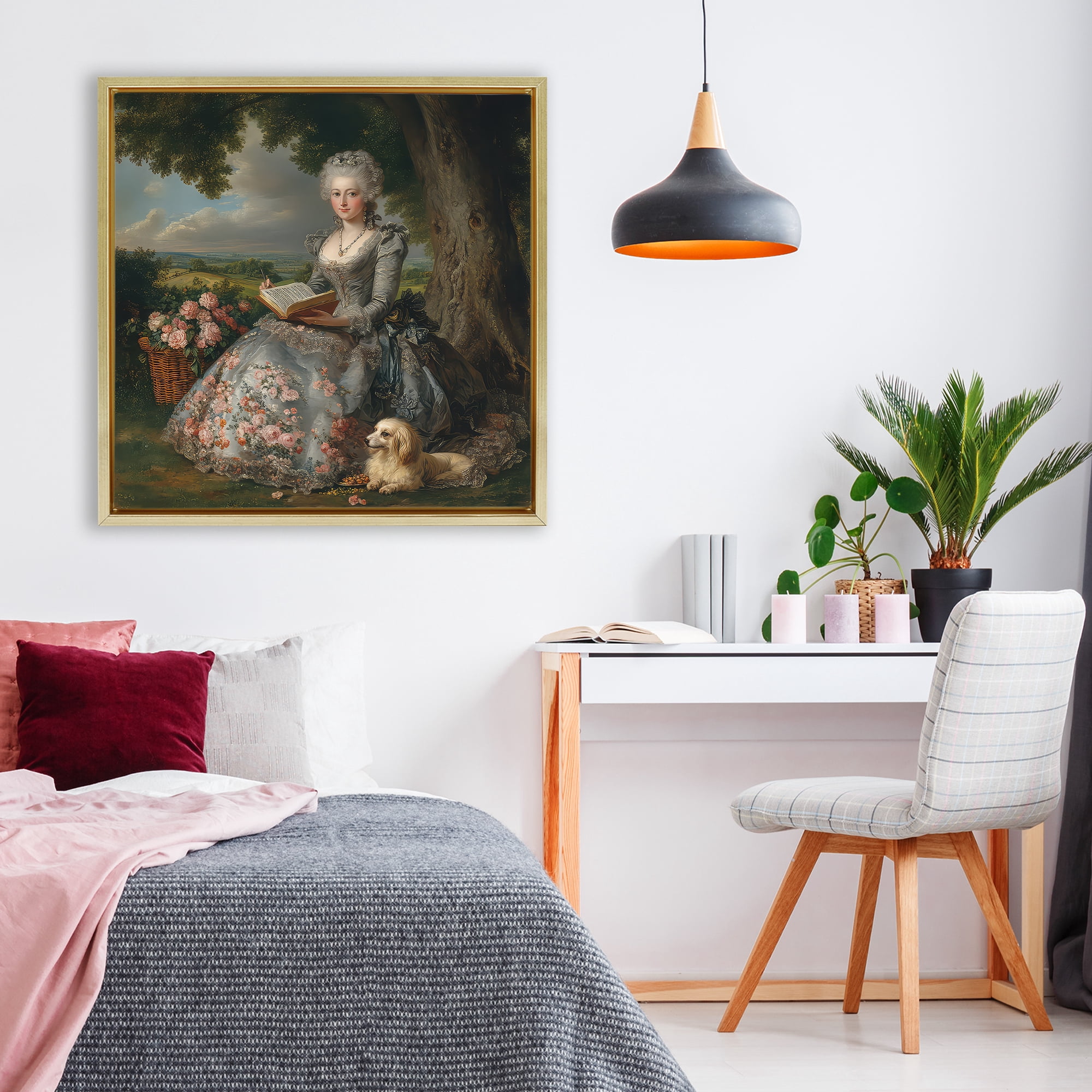 Stupell Industries Reading Rococo Lady with Dog Gold Framed Floater Canvas Wall Art, design by The Wands Want