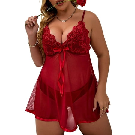 

Glonme Plus Size Lace Babydoll Lingerie Sexy Mini Chemise for Women Strap Teddy Sleepwear Wine Red 1XL