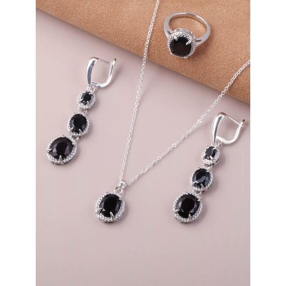 EOEMY Black Geometric Charm Necklace & Ring & 1Pair Drop Earrings Jewelry Set Jewelry-Default