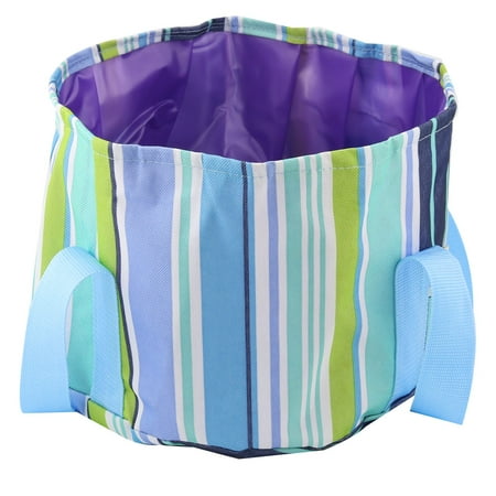 Outdoor Stripe Pattern Portable Foldaway Water Storage Bucket Washbasin Blue