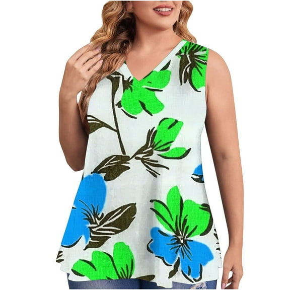 Virmaxy Women's Large Size Tank Top Trendy Printed Sleeveless Blouse Loose Fit Round Neck Vest Going Out Spring Beach Vacation Oufits Modern Clothes Green-1 L