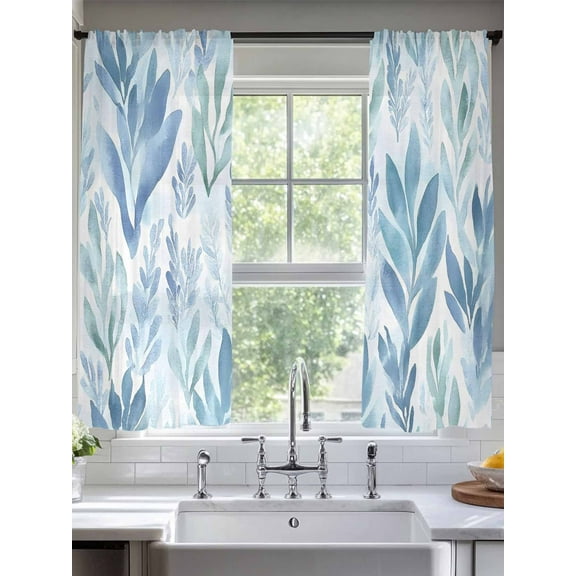 Blue Green Botanical Sheer Curtains for Living Room Bedroom Summer Watercolor Leaf Plant Sheer Curtains 72 Inch Long 2 Panels Set Light Filtering Curtain Window Treatments Drapes for Dining Room