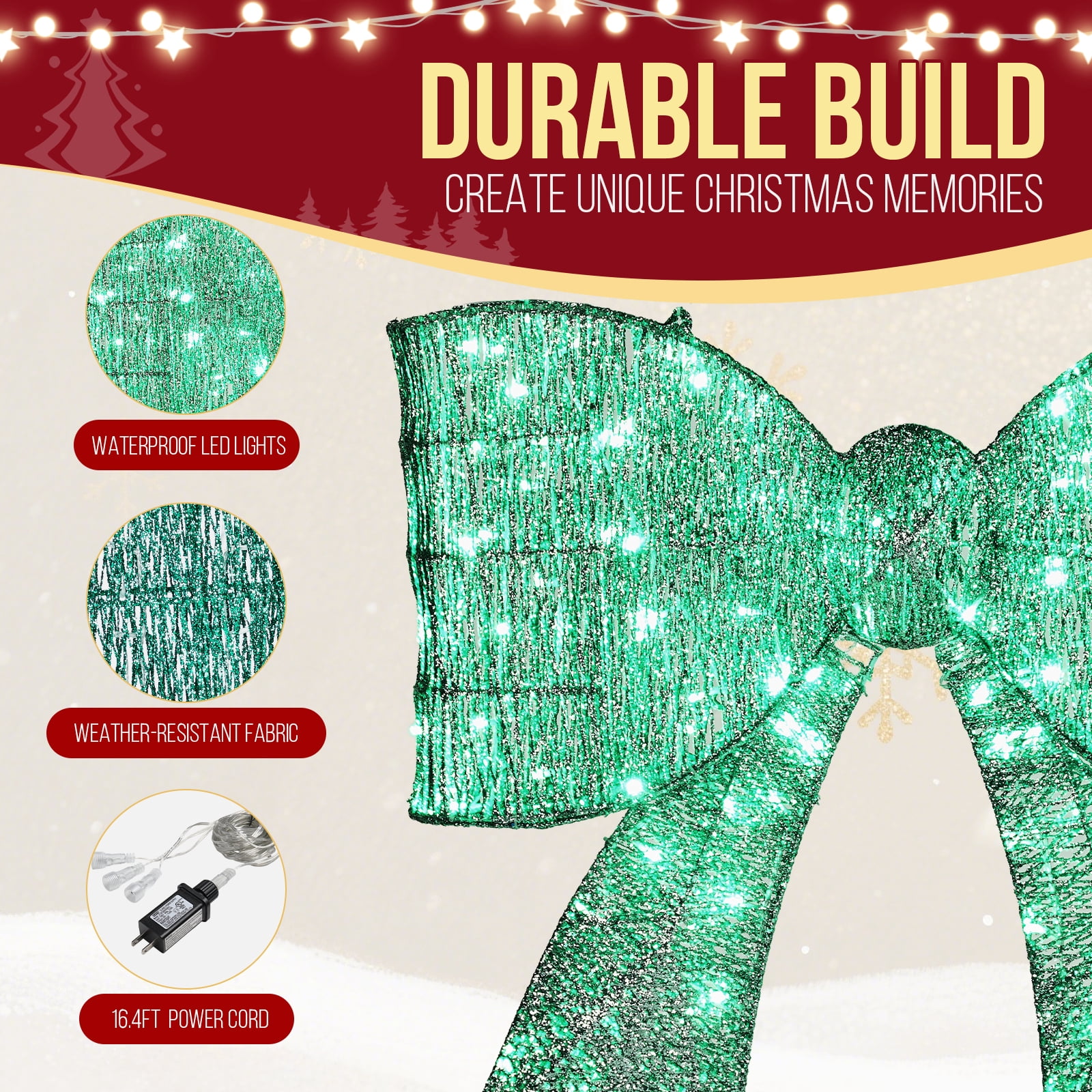 Astoutdoor Pre-Lit Outdoor Giant Bowknot Christmas Decoration, Lighted Metal Frame with 124 Green LED Lights, Green