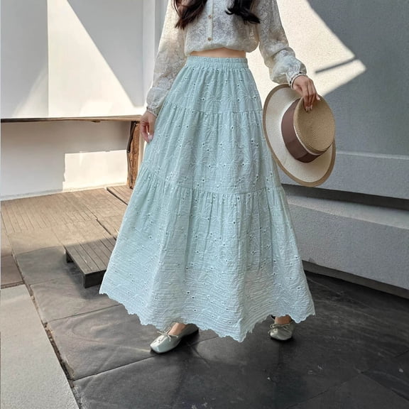 BRGZLK Women Summer Maxi Skirt Casual Fashion French Retro Elastic High Elastic Embroidery Cut-Out Flowy Swing Midi Skirt Spring Summer Clothes 2026 Green Free Size