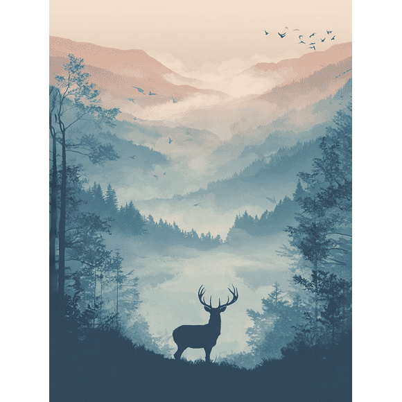 Qisvanset Deer Mountain Mist Canvas Wall Art 15.75x11.81 Inches