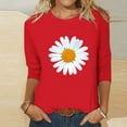 thumbnail image 2 of Brnmxoke Womens Summer Tops Fashion Daisy Print Daily Shirts 3/4 Sleeve Casual Crew Neck T Shirt Dressy Tunic Blouses Red,L, 2 of 3