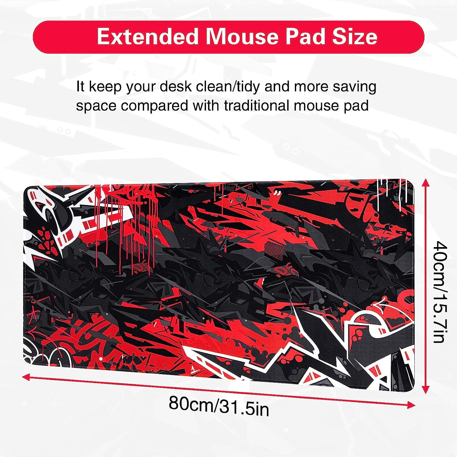 Gaming Mouse Pad, Extended Mouse Pad 31.5x15.7inch XXL Large Big Computer Keyboard Mouse Mat Desk Pad with Non-Slip Base and Stitched Edge for Home Office Gaming Work (Black Red)