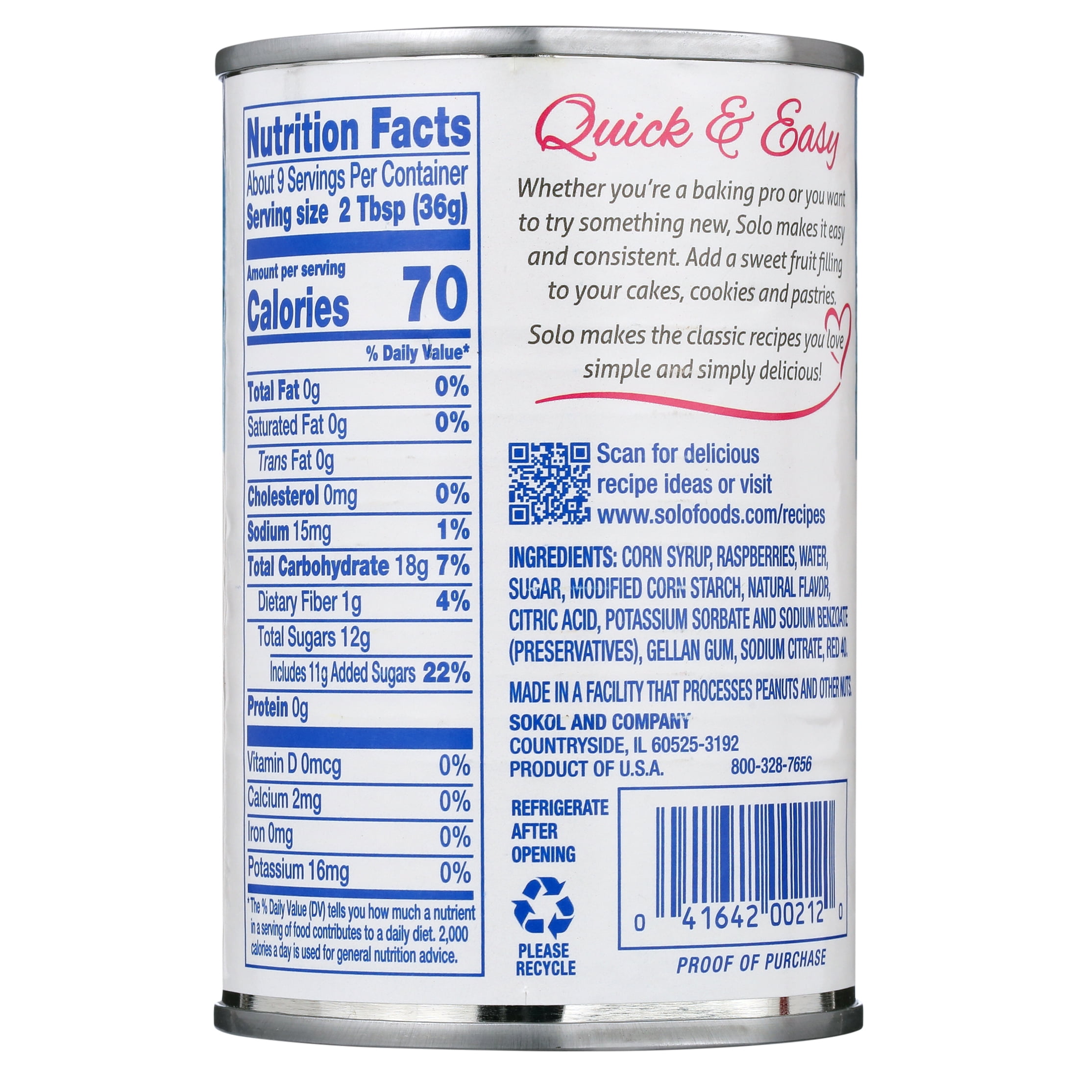 (6 pack) Solo Gluten-Free Raspberry Cake & Pastry Filling, 12 oz