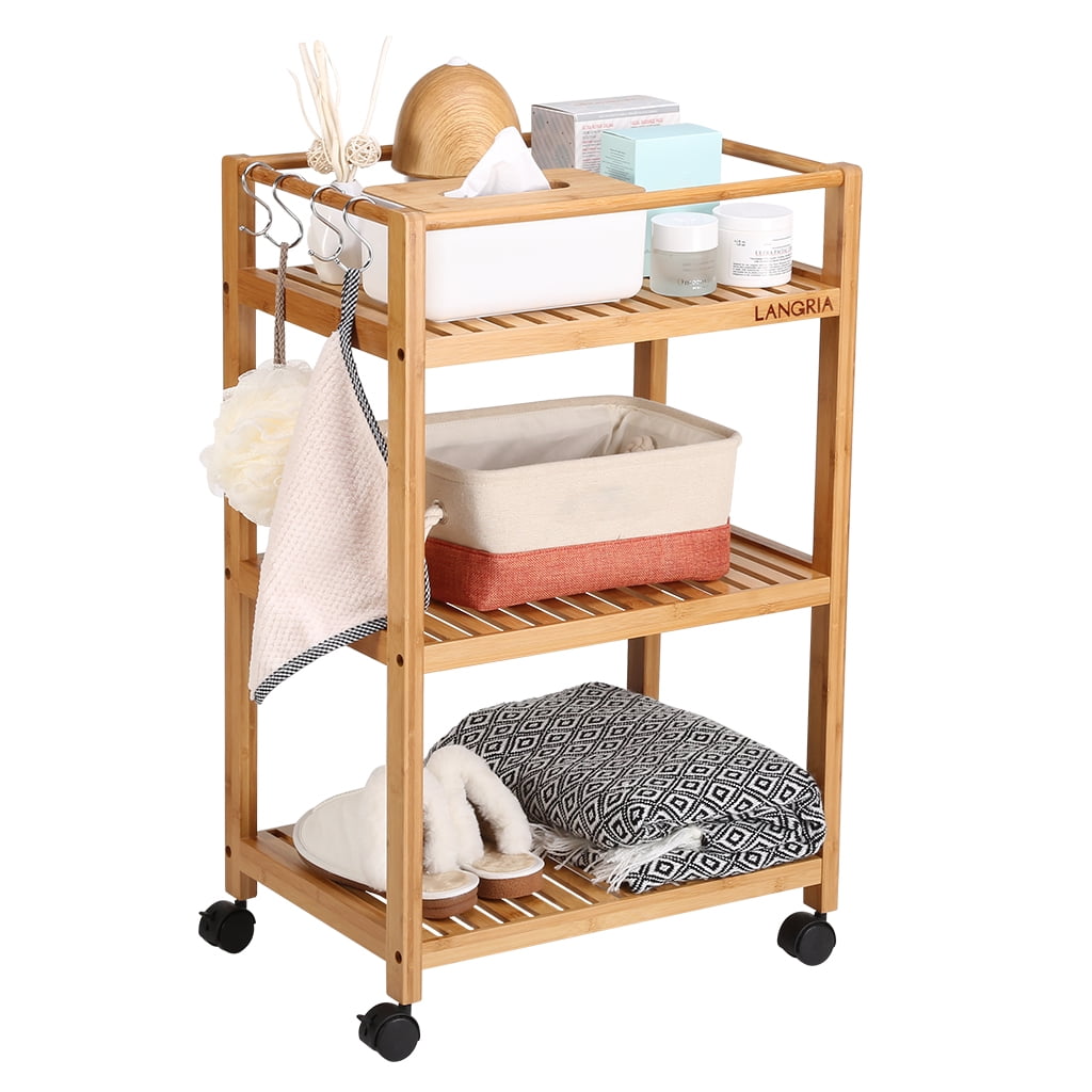 Bamboo AllPurpose 3 Tier Rolling Cart with Removable Hooks and