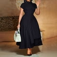 thumbnail image 2 of AURA Women’s Midi Dress High Waist Pleated Flared Skirt Doll Collar Short Sleeve S XXXL, 2 of 6