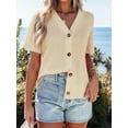 thumbnail image 5 of Cupshe Women's Waffle Knit Short Sleeve Button Up Top , Size S-XL, 5 of 6