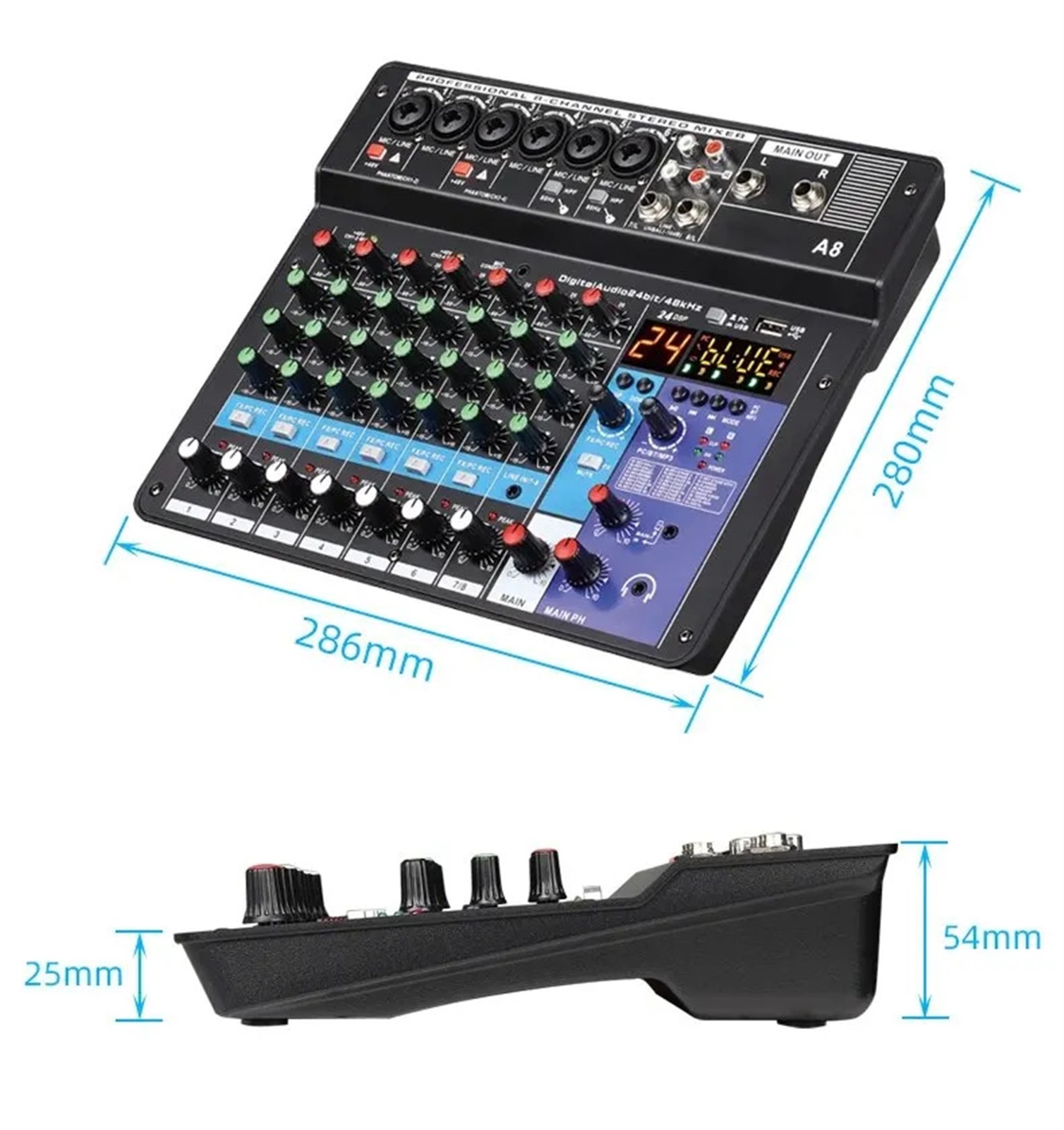 Professional Aud-io Mixer 8-Channel Sound Mixing Console A8 Support USB 48V Power Interface ,Precision Control