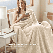 Beige Throw Blankets, Faux Fleece Throws for Couch Bed, 3D Waffle Jacquard Decorative Blankets, Cozy Soft Lightweight Fuzzy Flannel Blanket Suitable for All Seasons