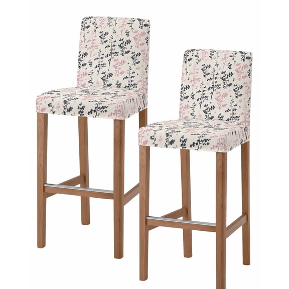 Grey Pink Botanical Bar Stool Covers Set of 2, Rustic Country Spring Floral Summer Leaf Stretch Bar Chair Covers with Backs, Removable Pub Counter Height Chair Cover for Kitchen Dining Room Cafe