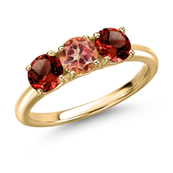 Gem Stone King 10K Yellow Gold Ecstasy Mystic Topaz and Red Garnet Engagement Ring for Women | 2.10 Cttw | Round 5MM | Gemstone November Birthstone | Size 5